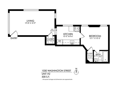 Floor plan for 1 bed, 1 bath, 485 sqft